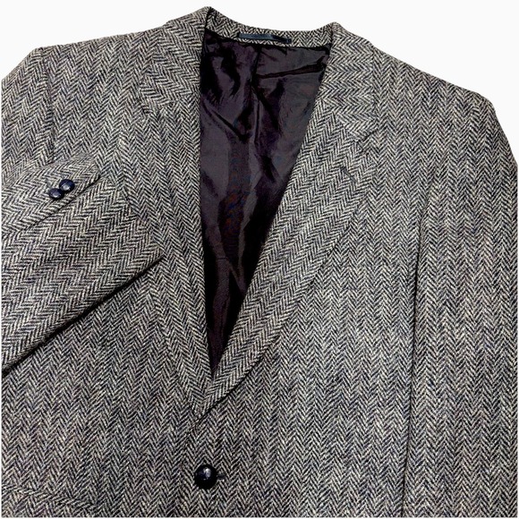 Pitlochry X Harris Tweed Men's 44 Blazer Vintage Blue Herringbone Wool Tweed